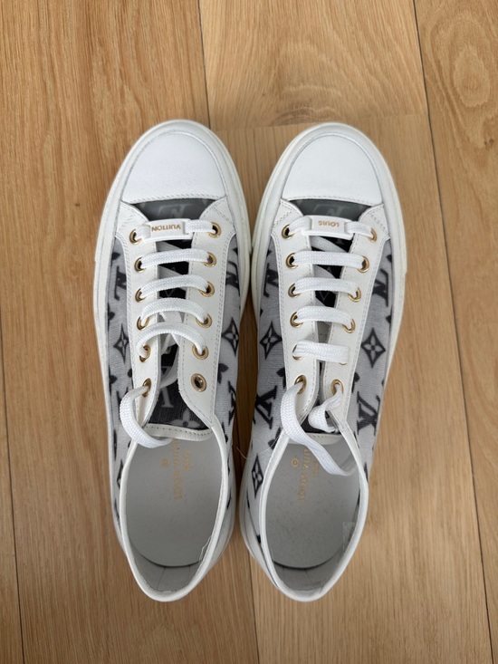 Louis Vuitton White & Gray Monogram Canvas Sneakers with Gold Eyelets - Picture 1 of 5
